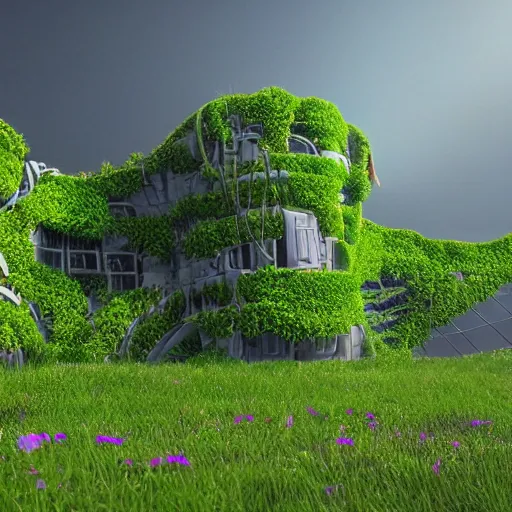 Prompt: Epic digital art of futuristic A building made out of flower and vines surrounded by grassy hills and Mother Nature, trending in artstation, octane render