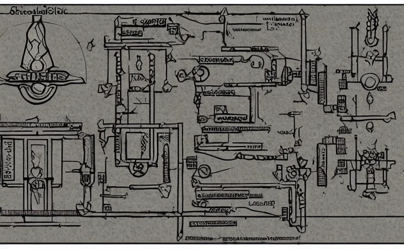 Image similar to schematic for a futuristic sacrificial altar to the horrible god vecna