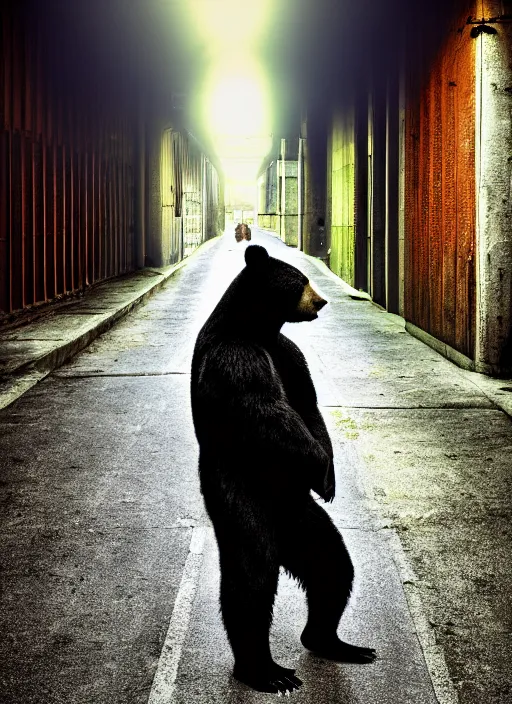 Prompt: bear man waiting in a dark alley, 8k resolution, high detail, reflections, post processing