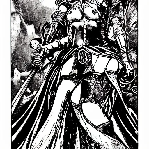 Image similar to precisely drawn illustration of anime red sonja, old-fashioned tarot card, victorian playing card, sepia tone, wide angle, sharp, fine details, anime, manga, cyberpunk, intense line art, 8k, precise linework, realistic, shaded lighting by katsuhiro otomo ghost-in-the-shell, magali villeneuve, artgerm, rutkowski Jeremy Lipkin and Giuseppe Dangelico Pino and Michael Garmash and Rob Rey