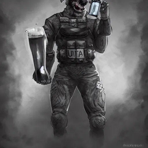 Image similar to a humanoid german shepherd beast - man in military style, holding a bottle of beer, artstation, concept art, smooth, sharp foccus ilustration, artstation