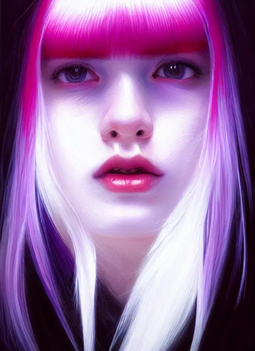 Image similar to hair whitebangs hair, black hair, whitebangs, portrait of teenage girl with white bangs, red irises, purple clothes, white bangs, bangs are different color from hair, intricate, elegant, glowing lights, highly detailed, digital painting, artstation, concept art, smooth, sharp focus, illustration, art by wlop, mars ravelo and greg rutkowski