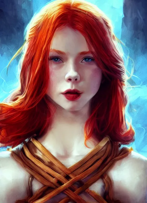 Prompt: Beautiful redhead girl which chest wrapped in bandages, portrait, fantasy, medieval, vivid colors, fantasy, elegant, concept art, sharp focus, beautiful face, digital art, Hyper-realistic, 4K, Unreal Engine, Highly Detailed, HD, Dramatic Lighting by Brom, trending on Artstation