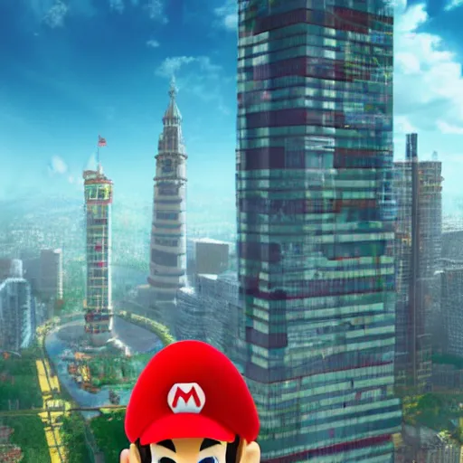 Image similar to Gargantuan Mario towering over a city