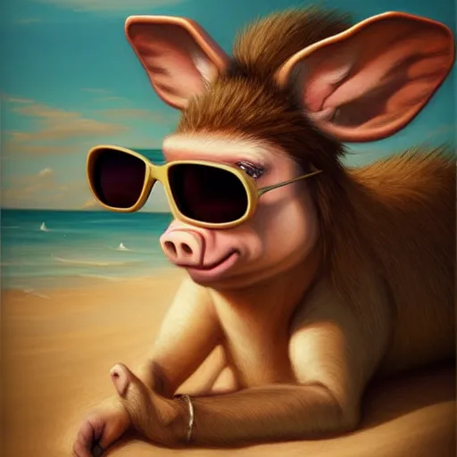 Prompt: donkey with sunglasses lying on a beach sun bed ultra wide lens shot , tiny, swine, hug, small, short, cute and adorable, pretty, beautiful, art portrait, matte fantasy painting, DeviantArt Artstation, by Jason Felix by Steve Argyle by Tyler Jacobson by Peter Mohrbacher, cinematic lighting