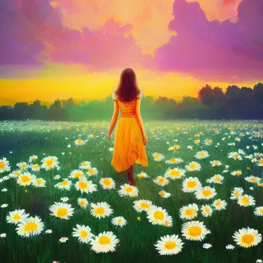 Image similar to many daisy flowers as a head, full body, girl walking in a flower field, surreal photography, sunrise dramatic light, impressionist painting, colorful clouds, digital painting, artstation, simon stalenhag, flower face