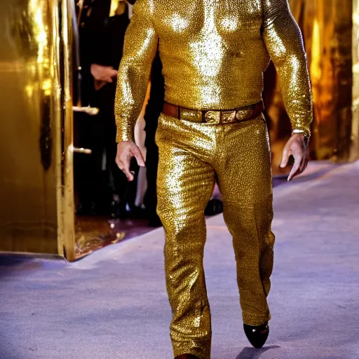 Image similar to dwayne the rock johnson wearing a golden expensive gold suit made entirely of gold walking down the run way, 3 5 mm, paparazzi photo, dazzling lights, dramatic lighting, photorealistic, cinematic scene, gold, super detailed, hyper realistic, bright lights