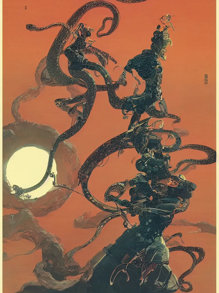 Prompt: on a strange vintage scifi planet, a samurai godess with a snake, vintage scifi poster, winslow homer, moebius, roger dean, artstation