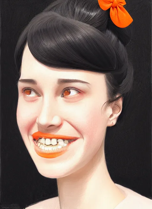 Image similar to portrait of high school girl, realistic, black hair, bangs, half updo hairstyle, pointy nose, skinny, smile, ugly, defined jawline, big chin, orange hair bow, earrings, intricate, elegant, riverdale, highly detailed, digital painting, artstation, sharp focus, illustration, art by wlop, mars ravelo and greg rutkowski