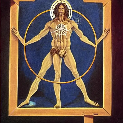 Prompt: occult vitruvian man. oil on canvas. ars goetia. by heade and the dark crystal.