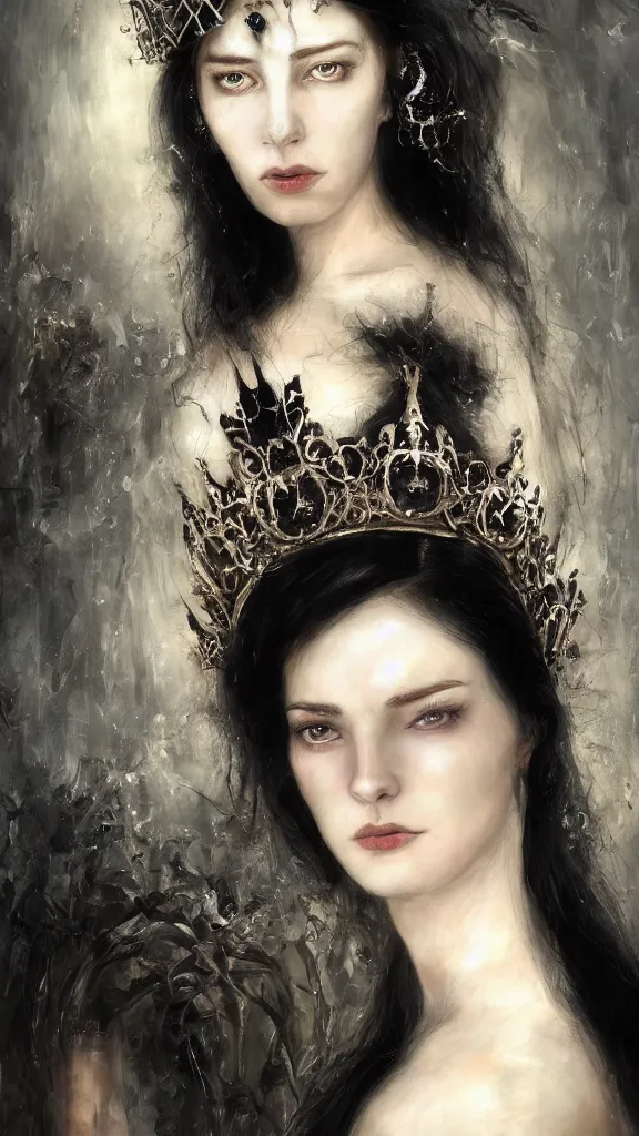 Image similar to a beautiful black haired woman with pale skin and a crown on her head sitted on an intricate metal throne, intimidating woman, large black eyes, high forehead, smooth pale skin, ethereal skin, ominous, eldritch. oil painting by nuri iyem, james gurney, james jean, greg rutkowski, highly detailed, soft lighting, chiaroscuro