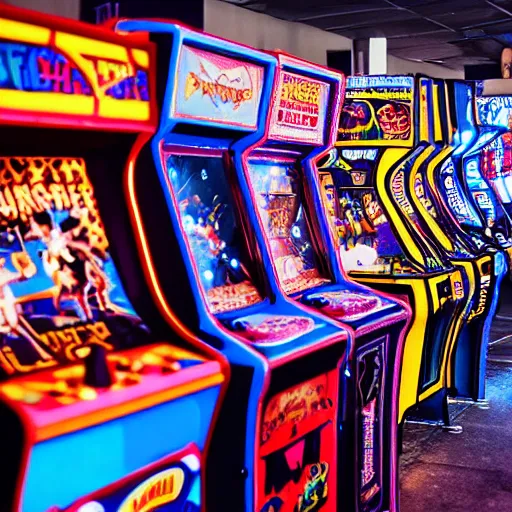 Image similar to A busy arcade, 80's, by Ready Player One, by Back To The Future, XF IQ4, 150MP, 50mm, F1.4, ISO 200, 1/160s, natural light