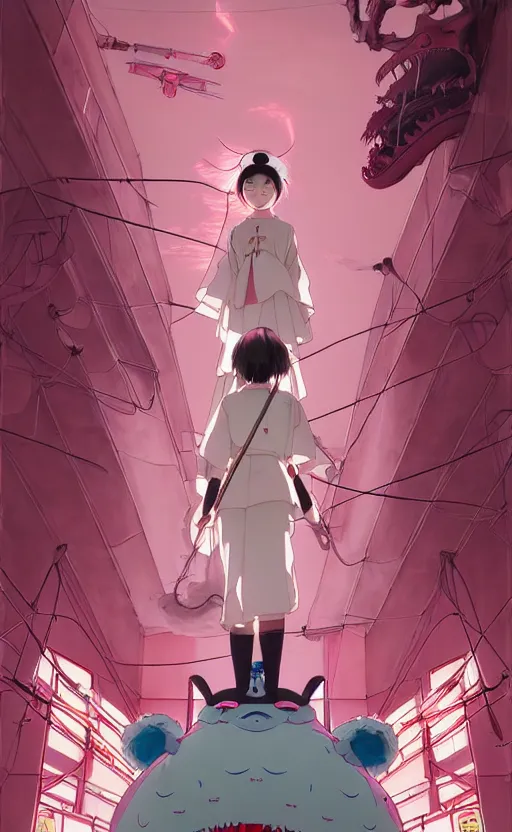 Image similar to Artwork by James Jean, Phil noto and hiyao Miyazaki; a young Japanese future samurai police girl named Yoshimi battles an enormous looming evil natured carnivorous pink robot on the streets of Tokyo; Japanese shops and neon signage; crowds of people running; Art work by studio ghibli, Phil noto and James Jean