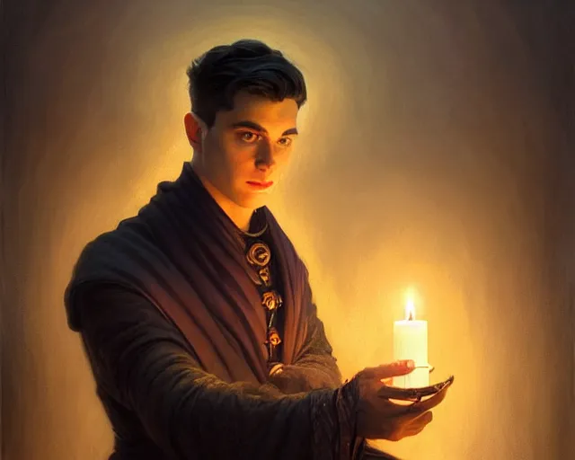 Prompt: a mind - blowing portrait of a fortune seeker male, clean shaven, holding a candle holder, wearing dark maritime clothing, intelligent, deep focus, d & d, fantasy, intricate, elegant, highly detailed, digital painting, artstation, concept art, matte, sharp, illustration, hearthstone, art by artgerm and greg rutkowski and alphonse mucha