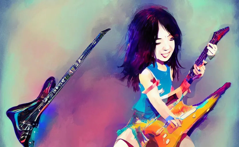 Image similar to rockstar girl playing electric guitar on stage. by amano yoshitaka, digital art, digital painting, illustration, artstation trending