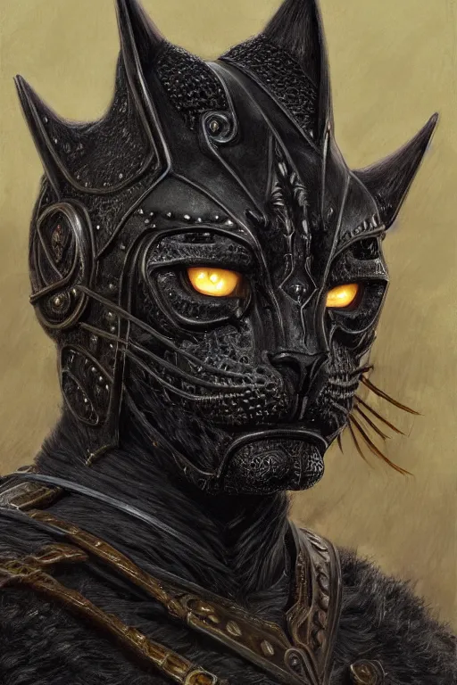 Image similar to head and shoulders portrait of an eldritch knight, tabaxi, black cat, anthropomorphic, male, breastplate, magical, high fantasy, d & d, by donato giancola, face details, extremely detailed, digital illustration