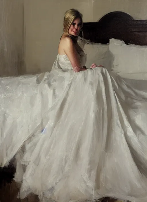 Prompt: portrait painting of a woman posing in an artistic over a bed, white victorian wedding dress by jeremy mann, only one head single portrait