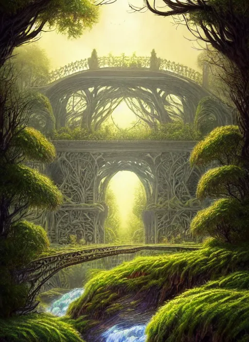 Image similar to book cover!!!!!!!!!!!!, old bridge, ivy vector elements at each border, fantasy forest landscape, fantasy magic, light night, intricate, elegant, sharp focus, illustration, highly detailed, digital painting, concept art, matte, art by wlop and artgerm and ivan shishkin and andrey shishkin, masterpiece