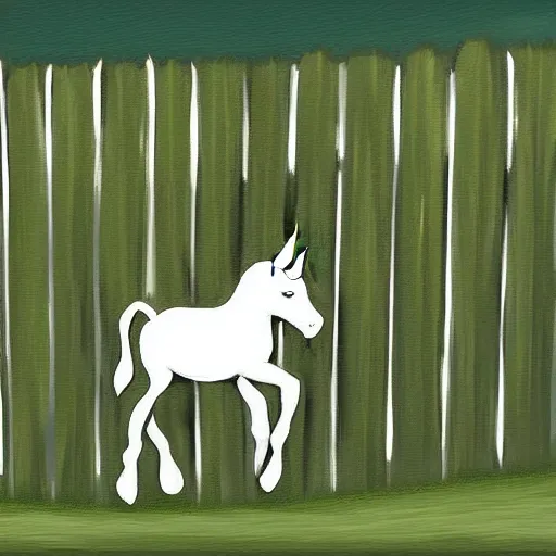 Image similar to an overweight unicorn hopping over a fence, digital painting