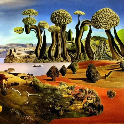 Prompt: painting of a lush natural scene on an alien planet by salvador dali. beautiful landscape. weird vegetation. cliffs and water.