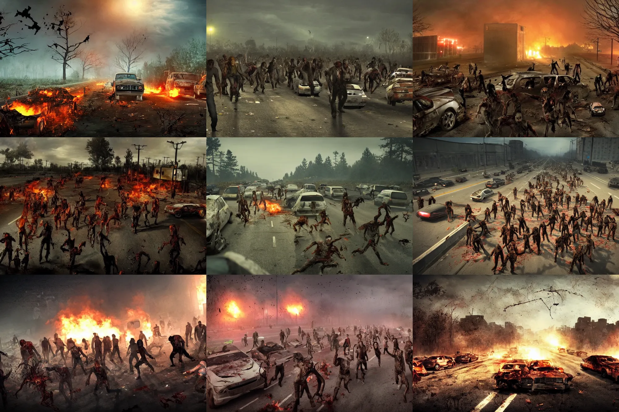 Prompt: horde of zombies on a destroyed highway, zombies attack, abandoned cars, bonfire, dusk