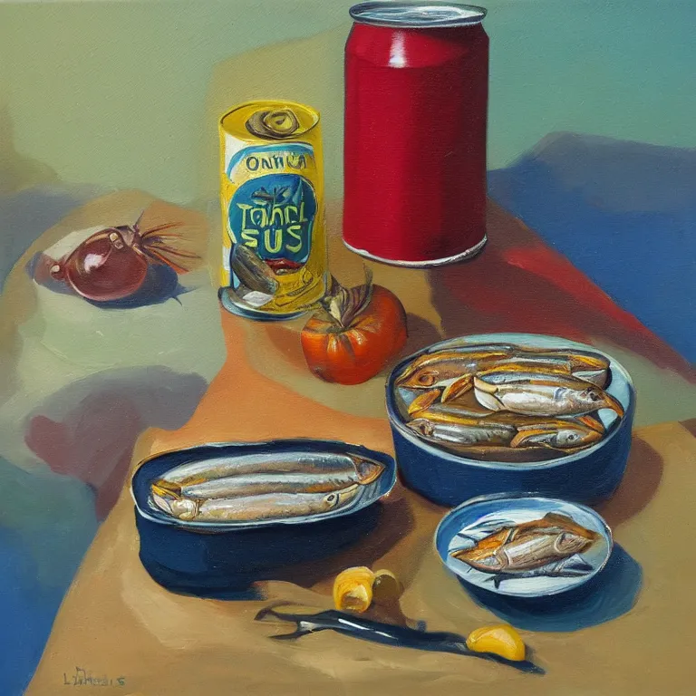 Prompt: a surreal still life light oil painting of a can of sardines ona table by libby haines