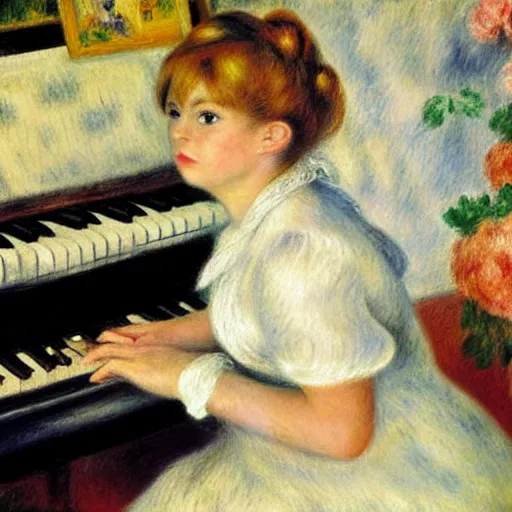 Image similar to girl with curly blonde hair sits at a piano in a music room, white pitbull lays on the floor, painting by renoir