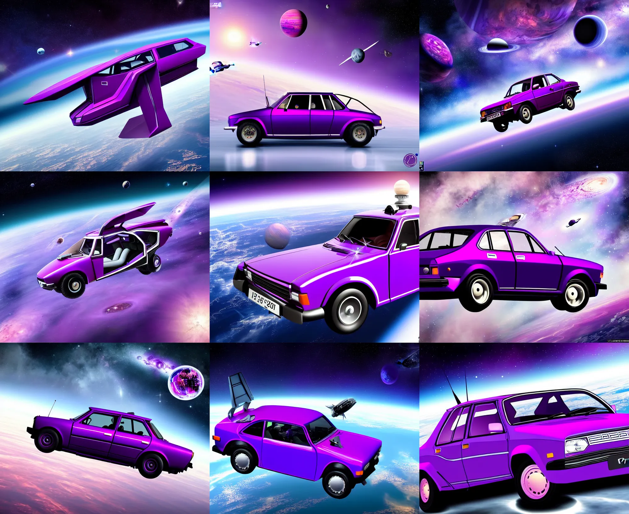 Image similar to purple lada 2 1 0 9 in space in orbit of the planet earth, lada 2 1 0 9 looks like a spaceship, hyper detailed, hight detailed, futuristic, ultra realistic, no blur, 8 k