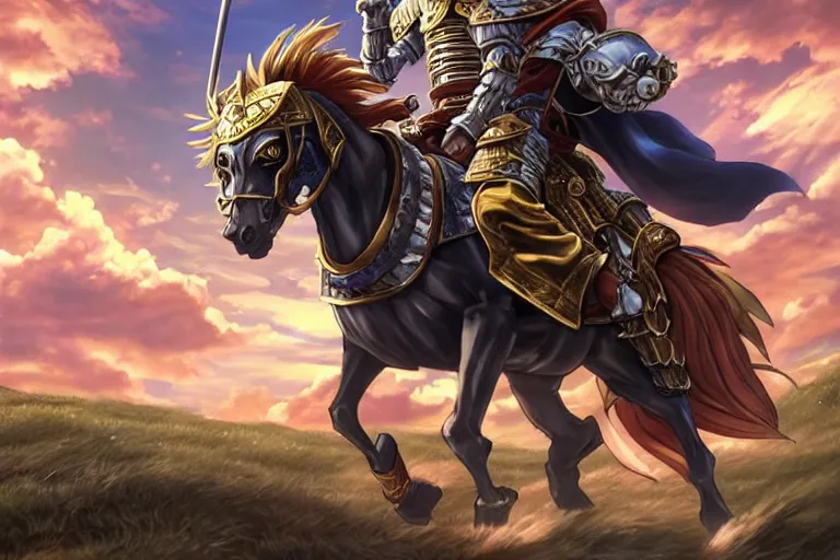 Prompt: an ultra detailed portrait of king richard the lionhearted as a shonen anime protagonist charging into battle wearing bright gold armor and riding a horse bless by god, 8 k, volumetric lighting, smooth, highly detailed, digital illustration, art by kentaro miura and akira toriyama and artgerm