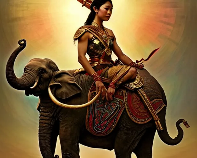 Image similar to magic tribal ethnic asian female, riding a war elephant, gorgeous lighting by weta studio, mucha, bautista and norman rockwell and greg rutkowski and tom bagshaw and james gurney and lucasfilm