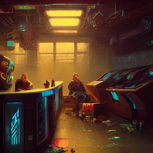 Prompt: portrait of an overweight cyberpunk barkeeper, robotarm, ratz, neuromancer, bar background, painted by greg rutkowski, painted by igor kieryluk, high detail, dramatic light, digital art, trending on artstation