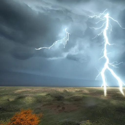 Image similar to roiling clouds with bolts of lightning, hyperrealistic, volumetric lighting, award winning