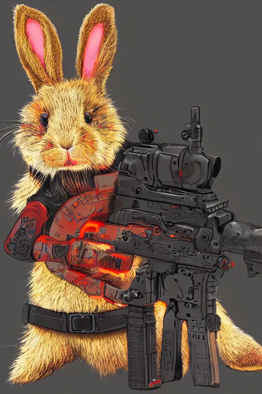 Image similar to portrait of neon fur rabbit with red eyes and a machine gun , 8k, highly detailed, sharp, realistic, in style of Brom