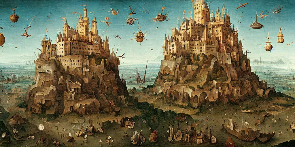 Image similar to laputa : castle in the sky in the style of heironymus bosch, intricate masterpiece, hyper detailed, hd