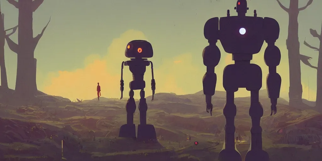 Image similar to Iron Giant, Portrait, Subject in Middle, Subject in center, Rule of Thirds, Retrofuturism, Simon Stålenhag