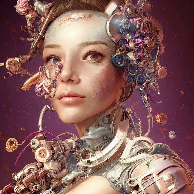 Image similar to the portrait of true neutral semi - colorful female cyborg mechanist as absurdly beautiful, gorgeous, elegant, young woman looking up, an ultrafine hyperdetailed illustration by kim jung gi, irakli nadar, intricate linework, bright colors, octopath traveler, final fantasy, unreal engine 5 highly rendered, global illumination, radiant light, detailed and intricate environment