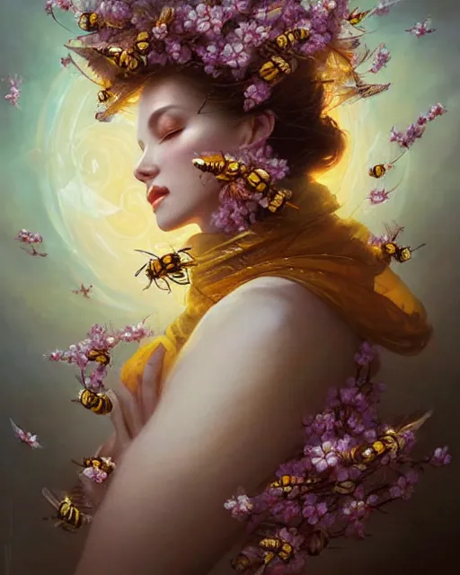 Image similar to Beautiful beekeeper woman portrait wrapped in honeycomb silk feathers, bees, sakura storm, swirling flowers, radiant halo of light, artgerm, peter mohrbacher