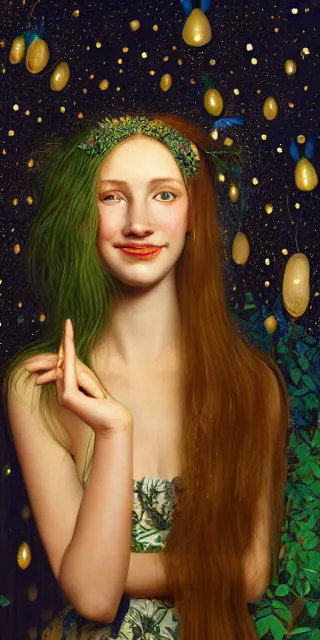 Image similar to a totally enraptured smiling young woman surrounded by golden firefly lights in a mesmerizing scene, sitting amidst nature fully covered, intricate detailed dress, long loose red hair, precise linework, accurate green eyes, small nose with freckles, smooth oval head, expressive emotions, hyper realistic ultrafine portrait by artemisia gentileschi, jessica rossier, artgerm