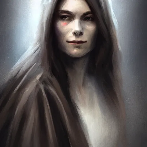 Image similar to portrait of an woman by Greg Rutkowski, she is about 20 years old, pretty, long brown wavy hair, scar near her mouth that makes her look like she's smiling all the time, wearing black sith robes, Star Wars Expanded Universe, highly detailed portrait, digital painting, artstation, concept art, smooth, sharp foccus ilustration, Artstation HQ