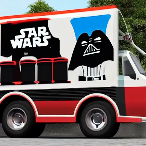 Image similar to darth vader ordering ice cream from an ice - cream truck, high definition, unreal engine rendering