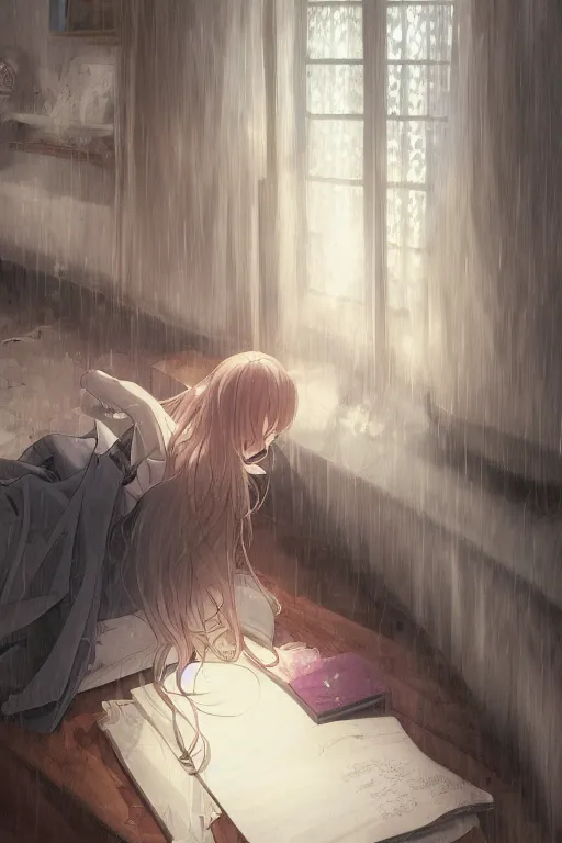 Image similar to a digital painting of a girl in a jk uniform outfit in the bedroom reading a book in a night, raining outside the window, dark and grey theme ， wavy white long hair, by krenz cushart and mucha and akihito yoshida and greg rutkowski and makoto shinkai, detailed eyes, 4 k resolution 、 trending on art station