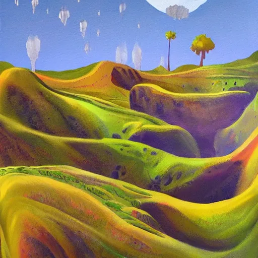 Image similar to rough acrylic painting of a lush natural scene on an alien planet by darien bogart. beautiful landscape. weird vegetation. cliffs and water.