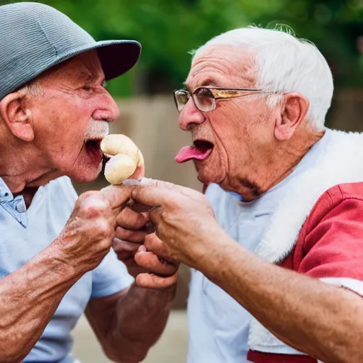 Image similar to Two elderly men fighting over a sausage, Canon EOS R3, f/1.4, ISO 200, 1/160s, 8K, RAW, unedited, symmetrical balance, in-frame