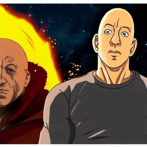 Prompt: vin diesel as saitama throwing a car into space