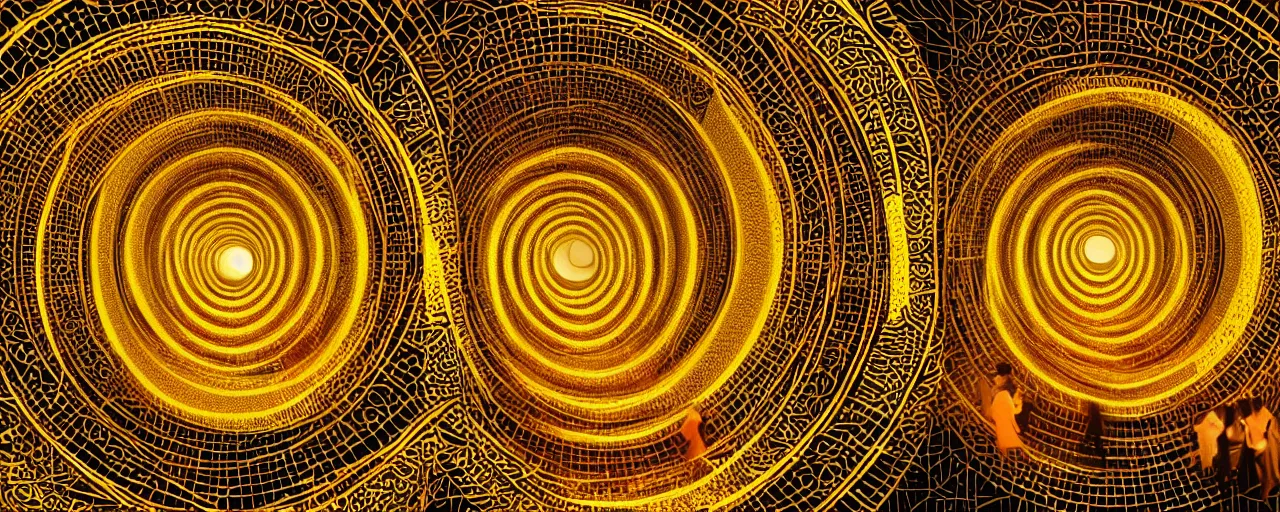 Image similar to vivid illustration of a person choosing between tunnels with groups of people inside, within a highly intricate torus with detailed golden ornamentation and golden light, choosing between pathways