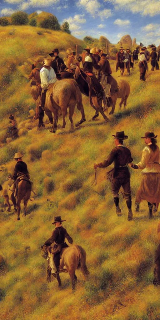 Prompt: oil painting of mormon pioneers crossing the plains, painting by renoir and yong sung kim, masterpiece, stylized