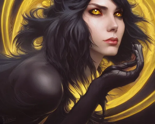 Image similar to black cat with deep big yellow eyes, deep focus, d & d, fantasy, intricate, elegant, highly detailed, digital painting, artstation, concept art, matte, sharp focus, illustration, hearthstone, art by artgerm and greg rutkowski and alphonse mucha