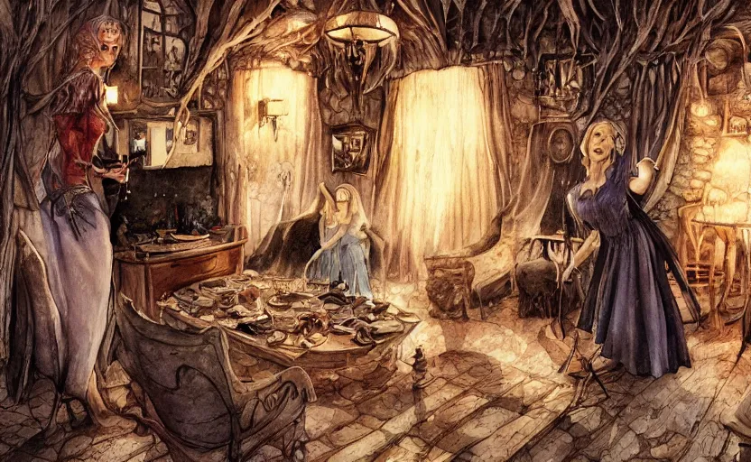 Image similar to women in the interior of a witches magical cottage, Milo Manara, night time, Margot Robbie, Scarlett Johanson, zoey Deschannel, smoking cigarettes, playing board games, highly detailed, pencil and watercolor, Tarantino movie posters, melancholy, level design, concept art, artstation, cgsociety, zenith view