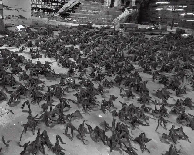 Prompt: camera footage of a Hundreds of Rabid Zerglings in an abandoned shopping mall, high exposure, dark, monochrome, camera, Unreal engine 5, grainy, CCTV, security camera footage, timestamp, zoomed in, fish-eye lens, Evil, Zerg, Brood Spreading, horrifying, lunging at camera :4