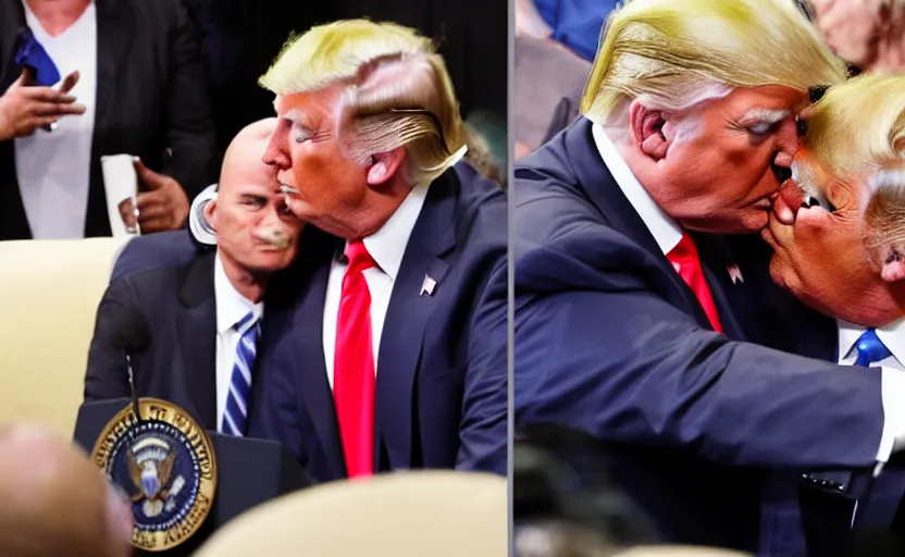 Prompt: photo of donald trump kissing donald trump. hq